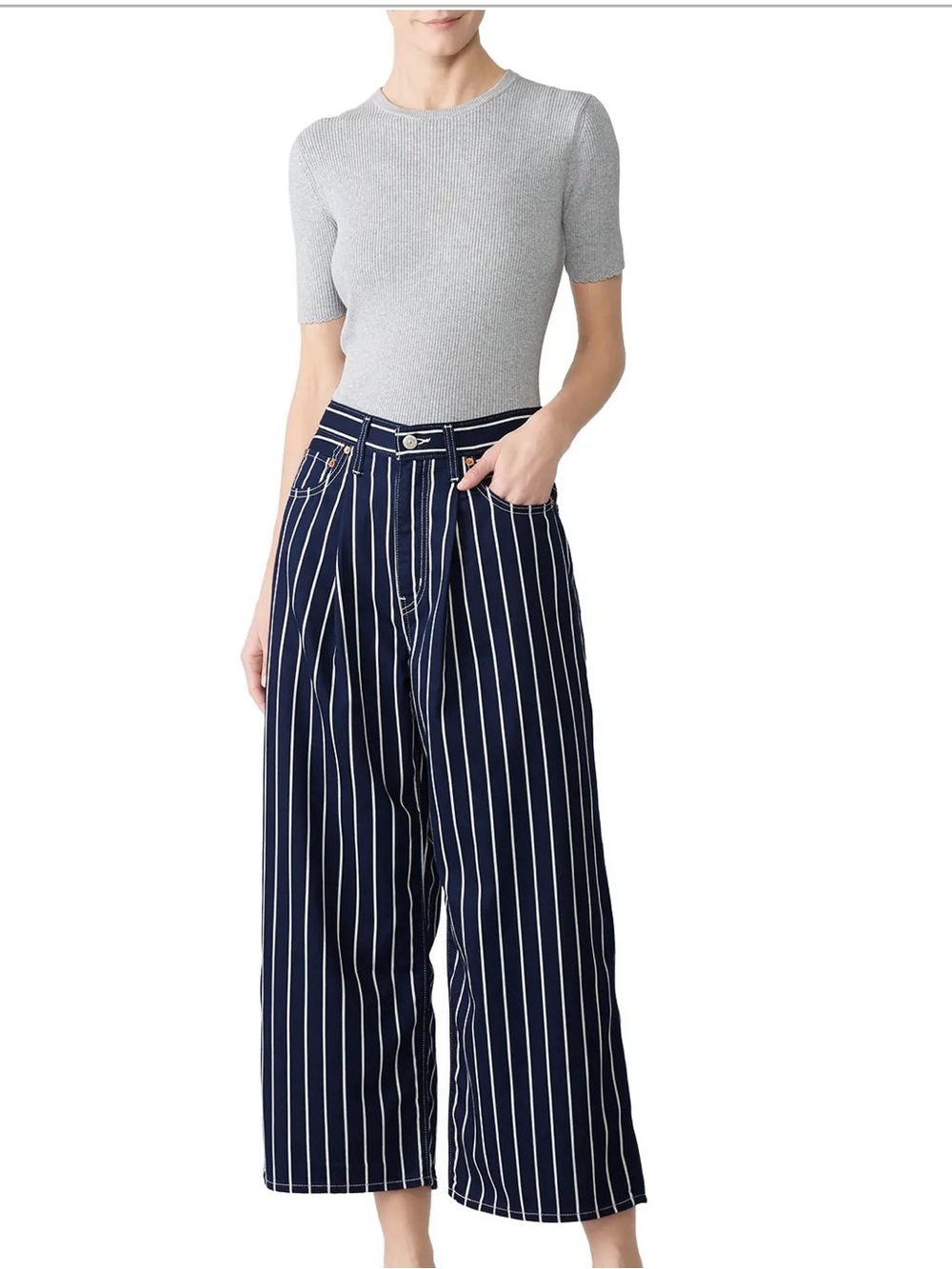 LEVI’S Navy and White Striped Ribcage Pleated Crop Jeans NWOT